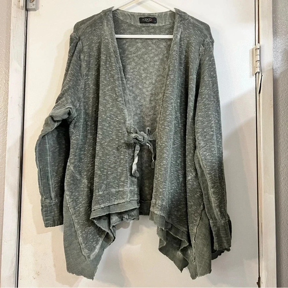 Kekoo Green Cardigan Sweater Baumwolle Tie Front Mixed Media Lagenlook Natural - Picture 1 of 11
